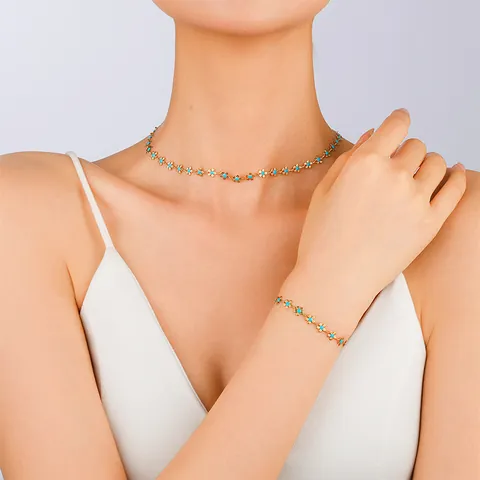 Set Gioielli Donna In Acciaio Inossidabile Placcato Oro Con Collana E Bracciale Motivo Margherita Smaltata Blu Accessori Moda