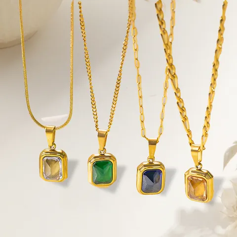 French Minimalist Zirconia Pendant Necklace For Women 18K Gold Plated Titanium Steel Emerald Cut Clavicle Chain Jewelry