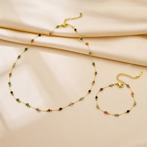 18K Vergoldeter Edelstahl Naturstein Perlen Schmuckset Für Damen Boho Bunte Perlen Halskette Armband Fußkette