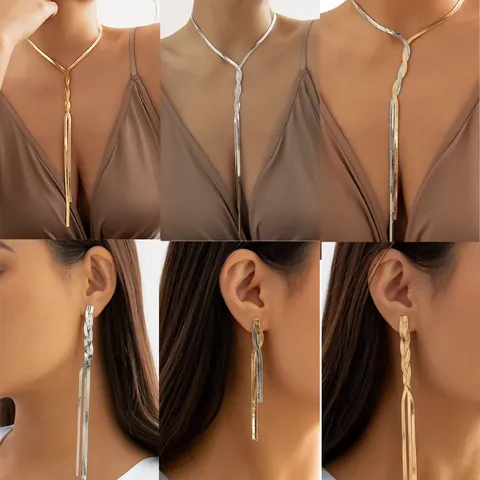 Edelstahl Quaste Schlangenknochenkette Y-Halskette Geflochtene Hängeohrringe Hip Hop Schmuckset Für Damen Gold Silber Kette