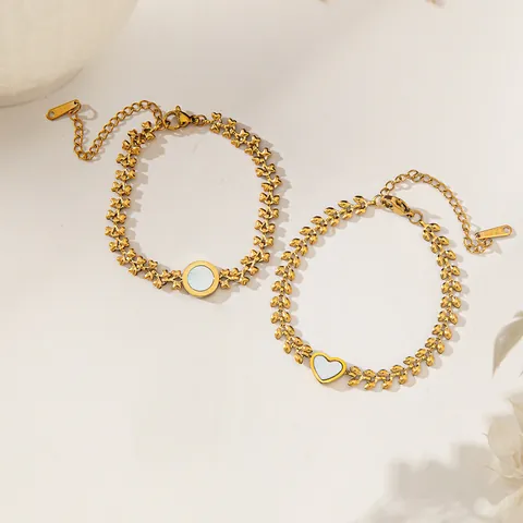 18K Gold Plated Titanium Steel Mother Of Artificial Pearl Bracelet For Women Leaf Chain Heart Round Shell Inlay Adjustable Jewelry