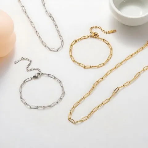 Minimalist Stainless Steel Embossed Paperclip Chain Necklace And Bracelet For Women Elegant Gold Silver Plated Jewelry Gift