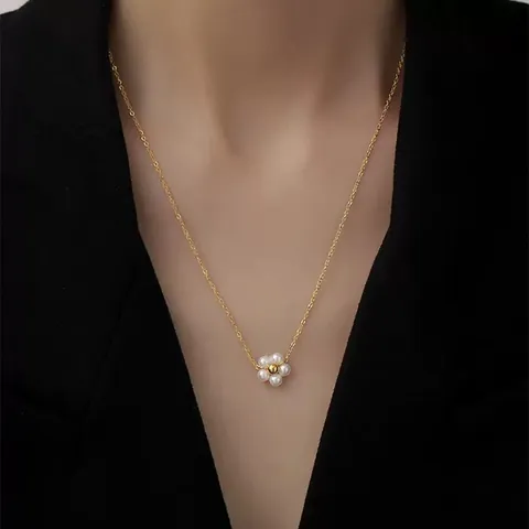 Flower Pendant Necklace Stainless Steel 18K Gold Plated Faux Artificial Pearl French Elegant Clavicle Thin Chain For Women
