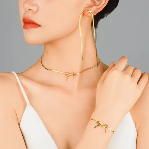 Minimalist Stainless Steel Bowknot Snake Chain Necklace Tassel Earrings Bracelet Set For Women Gold Silver Jewelry