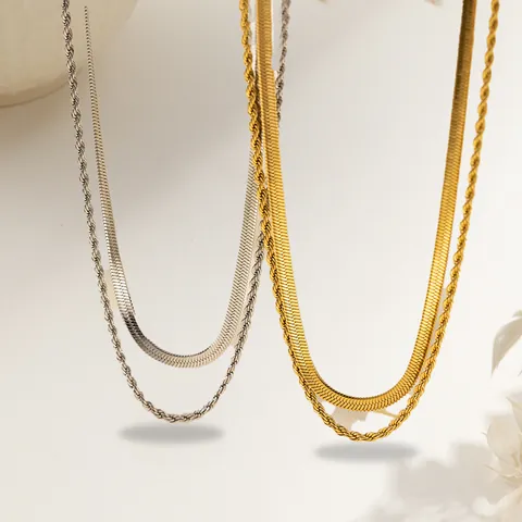 Women's Double Layer Stainless Steel Necklace Gold Silver Plated Herringbone Snake Chain Rope Chain Minimalist Fashion Jewelry Gift