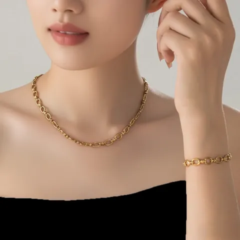 18K Verguld Roestvrij Staal Ronde Cubaanse Schakelketting en Armband Sieradenset voor Vrouwen Retro Minimalistische Mode Sieraden