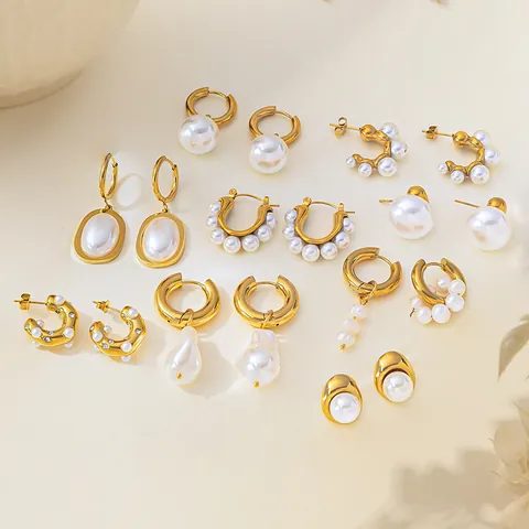 18K Gold Plated Stainless Steel Pearl Earrings For Women Geometric Shell Starfish Butterfly Bow Stud Hoop Vintage Jewelry