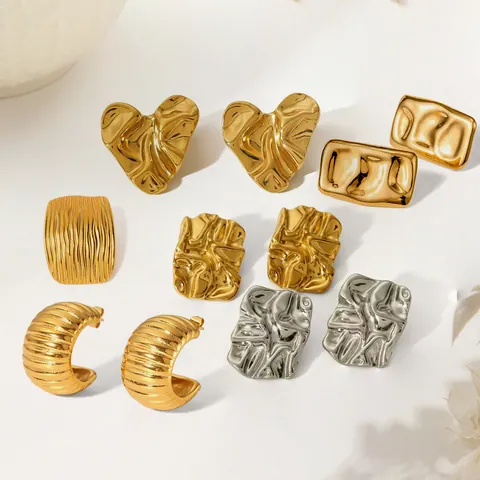 Bold Stainless Steel Stud Earrings 18K Gold Plated Pleated Geometric Heart Rectangle Earrings For Women Fashion Jewelry