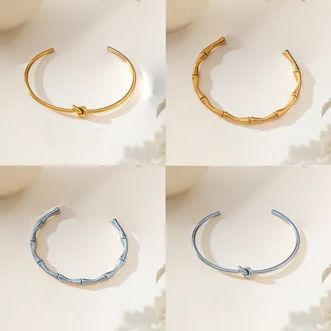 Minimalist Stainless Steel Open Cuff Bangle For Women 18K Gold Plated Knot Bamboo Wheat Twist Pattern Elegant Fashion Jewelry