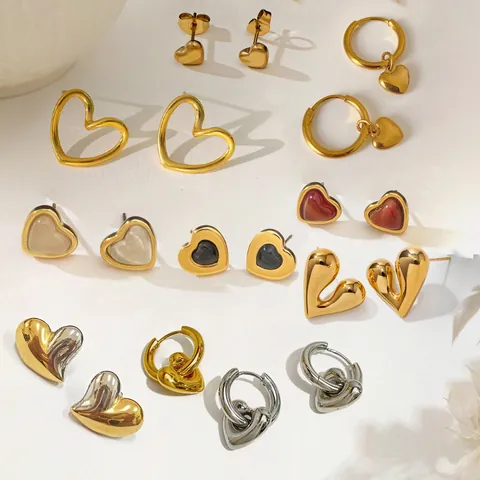 Titanium Steel Heart Stud Hoop Earrings For Women Gold Steel Plated Shell Cat Eye Stone Sweet Fashion Jewelry Gift