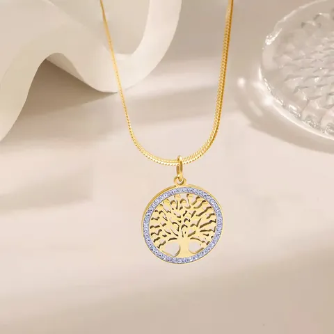 Vergoldete Titanstahl Lebensbaum Halskette Hohler Kreis Zirkonia Schlangenkette Schmuck Für Damen Geschenk