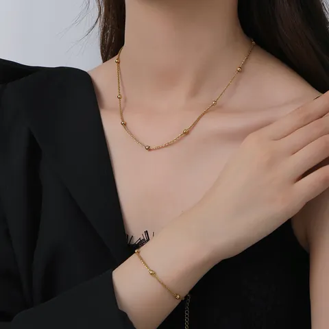Gold Plated Stainless Steel Jewelry Set Gypsophila Bead Necklace Bracelet Anklet For Women Minimalist Elegant Jewelry
