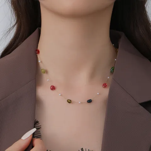 French Vintage Stainless Steel 18K Gold Plated Natural Stone Necklace And Bracelet Irregular Turquoise Tiger Eye Choker Jewelry For Women