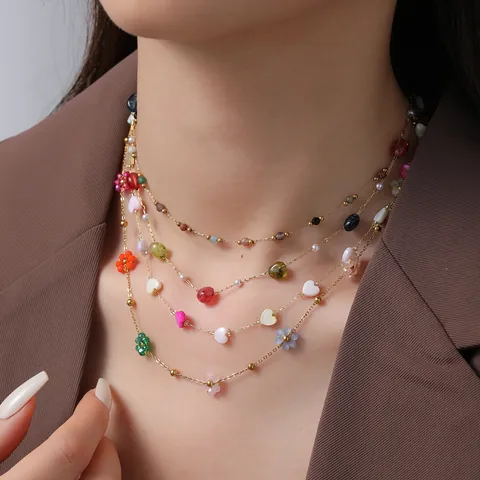 Stainless Steel Colorful Stone Freshwater Pearl Necklace For Women Bohemian French Retro Flower Heart Pendant Necklace Bracelet Anklet Jewelry