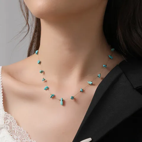 Luxury Stainless Steel Turquoise Necklace For Women Gold Plated Irregular Natural Stone Pendant Boho Niche Fashion Jewelry
