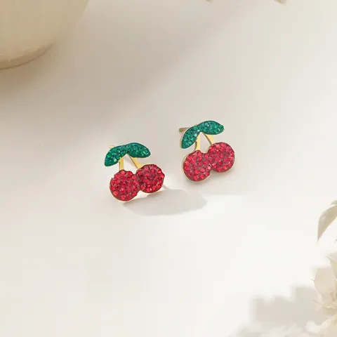 Set di Gioielli in Acciaio al Titanio a Forma di Ciliegia per Donna Collana con Pendente a Frutta con Strass e Orecchini a Bottone