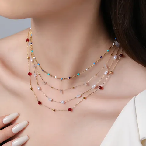 Fashion Stainless Steel Artificial Baroque Pearl Beaded Necklace Bracelet For Women Colorful Natural Stone Jewelry Accessory Gift