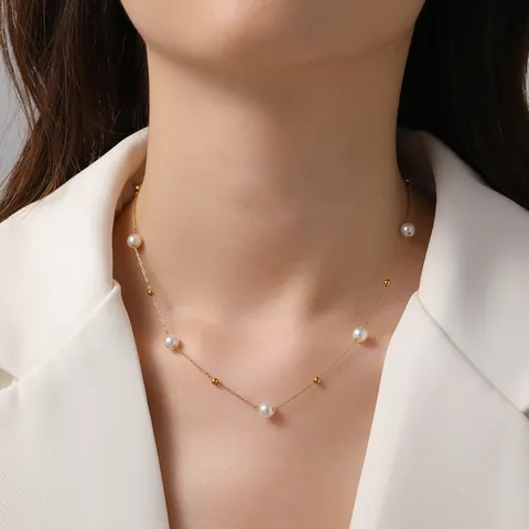 Eleganter Edelstahl Künstliche Perle Anhänger Halskette Vergoldet Geometrische Kette Choker Armband Set Für Damen Modeschmuck Geschenk