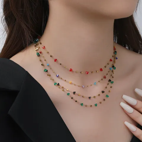 18K Gold Plated Stainless Steel Geometric Cube Heart Crystal Necklace And Bracelet Jewelry For Women Clavicle Chain Accessories