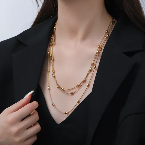 Minimalist Stainless Steel Multi Layer Snake Chain Necklace Bracelet Anklet For Women Gold Silver Oval Bead Stacking Jewelry