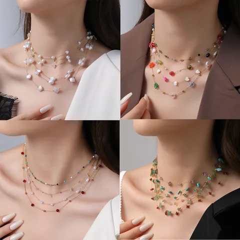 Stainless Steel Colorful Stone Freshwater Pearl Necklace For Women Bohemian French Retro Flower Heart Pendant Necklace Bracelet Anklet Jewelry