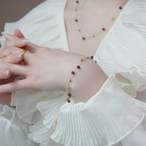 Vintage French Style Necklace And Bracelet Stainless Steel Gold Plated Garnet Red Round Beads For Women