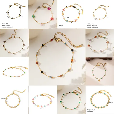 Bohemian Stainless Steel Gold Bracelet For Women Colorful Natural Stone Daisy Flower Enamel Beaded Adjustable Chain Jewelry