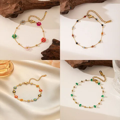 Bohemian Stainless Steel Gold Bracelet For Women Colorful Natural Stone Daisy Flower Enamel Beaded Adjustable Chain Jewelry