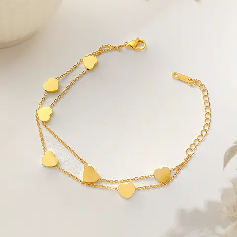 Damen Elegant Doppellagige Herz Titanstahl Armband Gold Vergoldet Edelstahl Schmuck Herz Handkette Und Fußkettchen