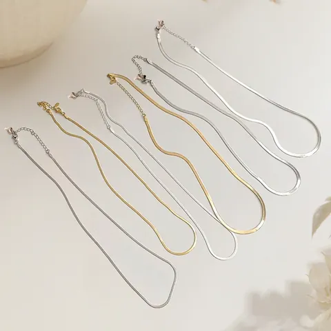 Minimalist Titanium Steel Herringbone Chain Necklace Bracelet Anklet For Women Gold Silver Plated Flat Snake Chain Jewelry Set