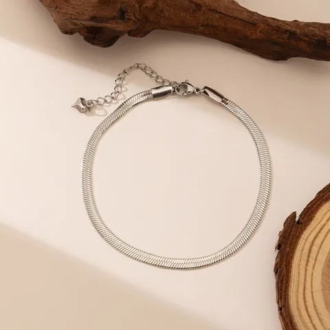 Minimalist Titanium Steel Herringbone Chain Necklace Bracelet Anklet For Women Gold Silver Plated Flat Snake Chain Jewelry Set
