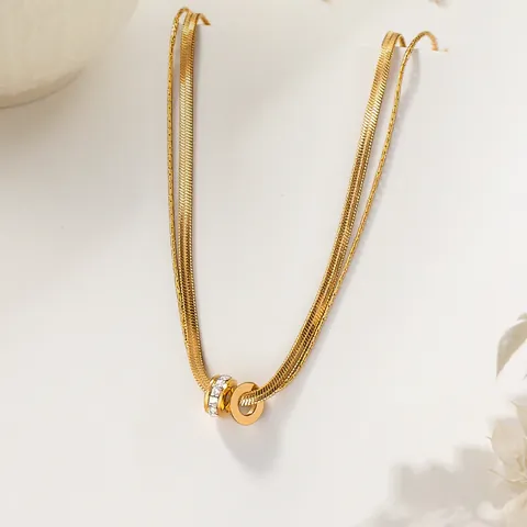 Collana con Pendente a Doppio Anello in Acciaio Inossidabile Minimalista da Donna Oro Argento Placcato Zirconia Catena a Doppio Strato