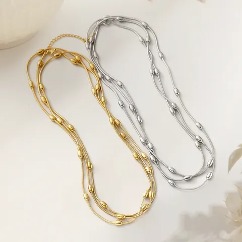 Stainless Steel Multi Layer Snake Chain Necklace And Bracelet With Oval Metal Beads Gold Silver For Women Jewelry
