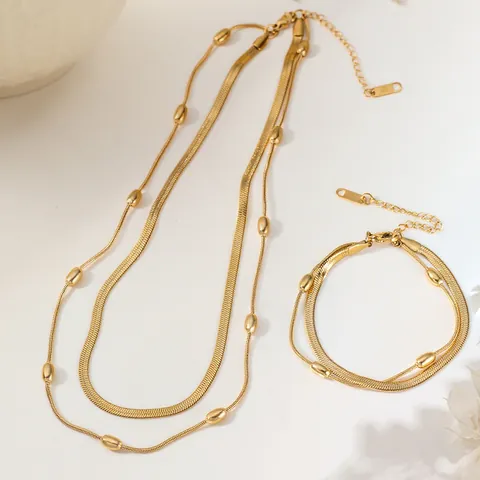 Doppellagige Edelstahl Halskette Armband Set Gold Silber Vergoldet Schlangenknochen Klinge Kette Perle Damen Schmuck Geschenk