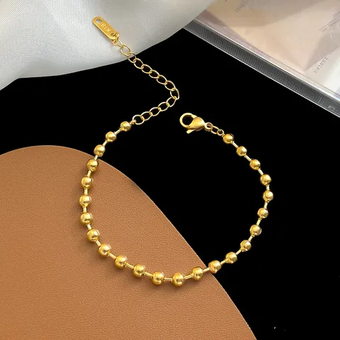 Bracelet Minimaliste en Acier Titane avec Perles Rondes pour Femmes Plaqué Or 18K Bracelet Chaîne à Perles Métalliques Polies