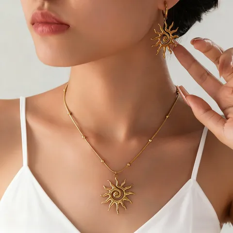 Set Gioielli Vintage In Acciaio Inossidabile Con Ciondolo Sole A Spirale Collana Orecchini Oro Argento Per Donne