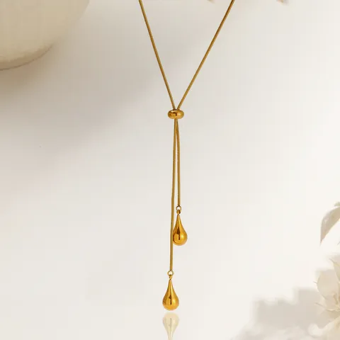 Minimalist Stainless Steel Gold Plated Teardrop Pendant Necklace For Women Adjustable Snake Chain Long Sweater Chain Jewelry