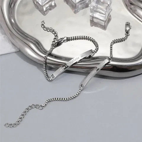 Bracelet de Couple en Acier Titane Gravé You Complete Me Chaîne Box Bijoux Argent Cadeau Anniversaire Saint-Valentin