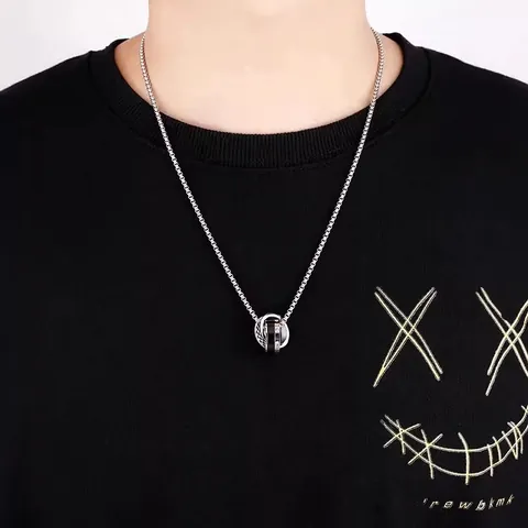 Hip Hop Titanium Steel Interlocking Double Ring Pendant Necklace For Men Women Checkerboard Pattern Zirconia Inlaid Box Chain Jewelry