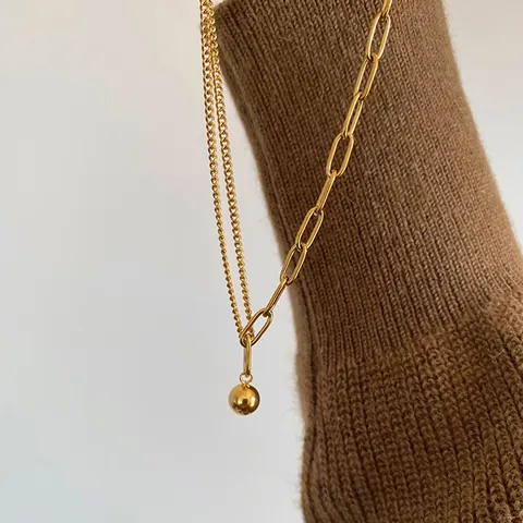 Asymmetric Necklace For Women Titanium Steel 18K Gold Plated Paperclip Thin Chain Splicing Ball Pendant Minimalist Jewelry