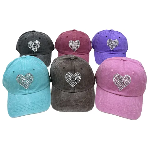 Women Heart Rhinestone Washed Polyester Baseball Cap Summer Outdoor Sun Protection Adjustable Vintage Distressed Denim Style Hat