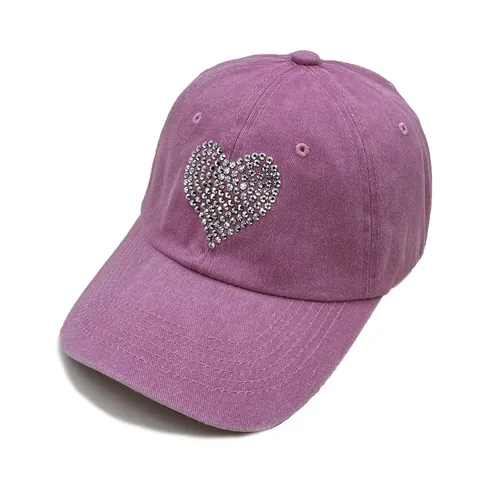 Women Heart Rhinestone Washed Polyester Baseball Cap Summer Outdoor Sun Protection Adjustable Vintage Distressed Denim Style Hat