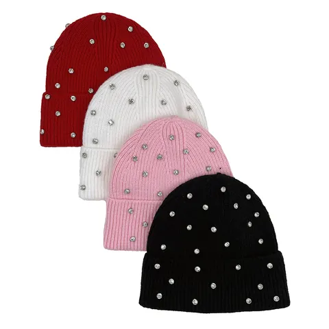Cappello Beanie in Maglia Invernale da Donna Moda con Strass Acrilico Caldo a Coste Slouchy con Risvolto Scintillante