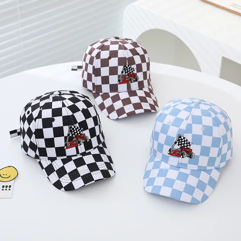 Kids Cotton Checkerboard Racing Car Baseball Cap Boys Girls Adjustable Sun Hat Embroidery Checkered Flag Sporty Peaked Cap
