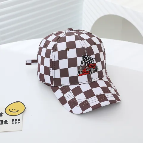 Kids Cotton Checkerboard Racing Car Baseball Cap Boys Girls Adjustable Sun Hat Embroidery Checkered Flag Sporty Peaked Cap
