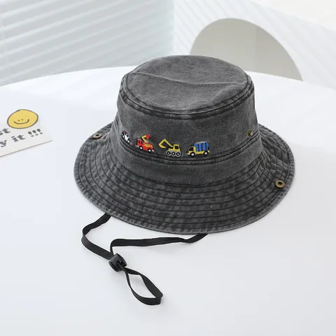 Kids Washed Cotton Bucket Hat Engineering Vehicle Embroidery Adjustable Windproof Rope Sun Protection Hat For Children