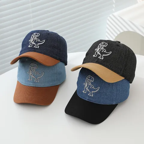 Berretto da Baseball in Denim Ricamato con Dinosauri per Bambini Colore a Contrasto Cappello Parasole Regolabile