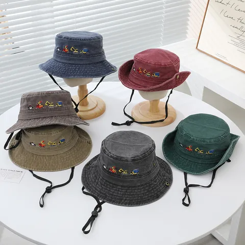 Kids Washed Cotton Bucket Hat Engineering Vehicle Embroidery Adjustable Windproof Rope Sun Protection Hat For Children