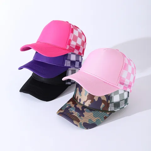 Unisex Checkerboard Mesh Trucker Hat Adjustable Cotton Polyester Baseball Cap For Outdoor Sun Protection Daily Streetwear