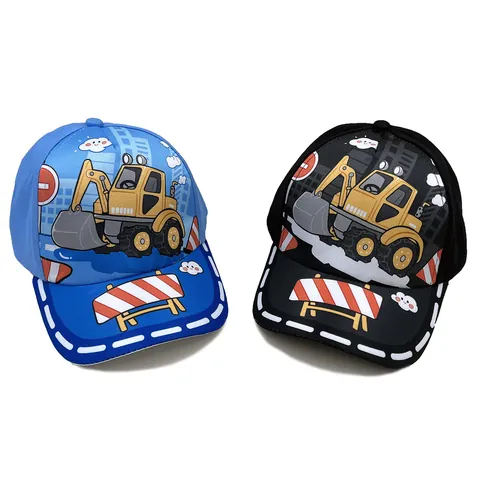 Kids Cartoon Excavator Print Baseball Cap Polyester Adjustable Sunshade Hat For Boys Girls Outdoor Construction Theme